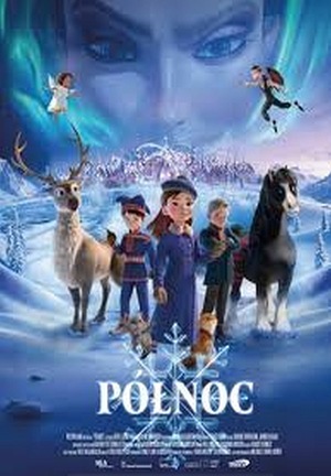 Grafika reklamowa - animowane postacie oraz zwierzęta na tle zimowej scenerii