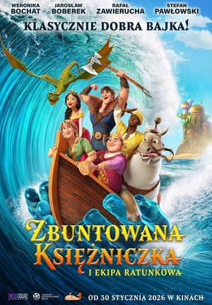 Grafika reklamowa przedstawiająca plakat do filmu Zbuntowana księżniczka i ekipa ratunkowa.