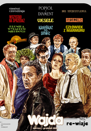 Plakat cyklu „Wajda re-wizje” – przegląd filmów Andrzeja Wajdy, prezentowany w Kino Rialto w Poznaniu. Ilustracja z bohaterami z filmów m.in. „Człowiek z marmuru”, „Wesele”, „Popiół i diament”, „Brzezina”. Marzec–grudzień 2026.