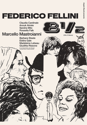 Plakat filmu „8½” Federico Felliniego – kultowy włoski klasyk kina z Marcello Mastroiannim, prezentowany w Kino Rialto w Poznaniu. Czarnobiały plakat z rysunkowymi portretami bohaterów i tytułem „8½”.