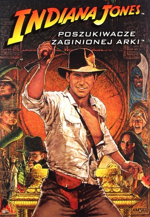 Plakat filmu „Indiana Jones: Poszukiwacze zaginionej arki”. Na pierwszym planie uśmiechnięty Indiana Jones w kapeluszu unosi bicz. W tle sceny przygody, postacie bohaterów i złota Arka Przymierza, całość w ciepłej, przygodowej kolorystyce.