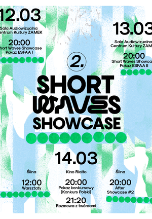 Plakat „2. Short Waves Showcase”, 12–14.03. 14.03: 12:00 warsztaty (Ślina), 20:00 pokaz konkursowy w Kinie Rialto, 21:20 rozmowa z twórcami, 20:00 After Showcase #2. Zielono-niebieska grafika.