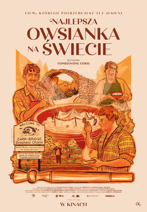 Kolorowy plakat. Rysunkowa grafika, na niej 3 osoby: kobieta, która trzyma miskę z owsianką, mężczyzna, który trzyma drewnianą łyżkę, mężczyzna, który trzyma miskę z owsianką. Pomiędzy nimi wielka miska, w której owsianka układa się w góry.