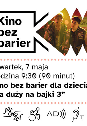 [Kolorowa grafika z napisem Kino bez barier. Kolorowy kadr z filmu. Dwóch chłopaków i jedna dziewczyna, patrzą ze zdziwieniem. Ikony dostępności: tłumaczenie na PJM, napisy, dostępność dla osób na wózku, audiodeskrypcja, pętla indukcyjna.]
