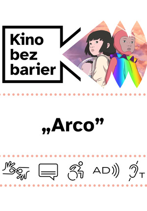 Kolorowa grafika z napisem Kino bez barier. Kolorowy kadr z filmu. Dwoje dzieci opiera się o siebie plecami. Ikony dostępności: PJM, napisy, dostępność dla osób na wózku, audiodeskrypcja, pętla indukcyjna.