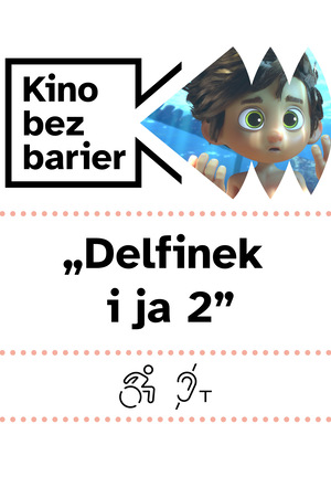 Kolorowa grafika. Logotyp Kina bez barier. Kolorowy kadr z filmu animowanego. Mały chłopiec z burzą włosów jest zdziwony. Unosi dłonie. Jest pod powierzchnią wody. Docierają tam promienie słońca.