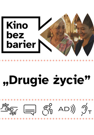 Kolorowa grafika z napisem Kino bez barier. Kolorowy kadr z filmu. Dwie kobiety: dojrzała i nastolatka siedzą obok siebie i rozmawiają, uśmiechają się. Ikony dostępności: PJM, napisy, dostępność dla osób na wózku, audiodeskrypcja, pętla indukcyjna.