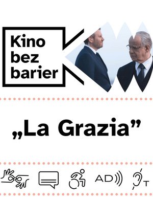 Kolorowa grafika z napisem Kino bez barier. Kolorowe zdjęcie z filmu. Dwaj mężczyźni w garniturach. Starszy mężczyzna jest zamyślony. Wygląda na zmartwionego. Młodszy mężczyzna stoi za nim, patrzy w dal.
