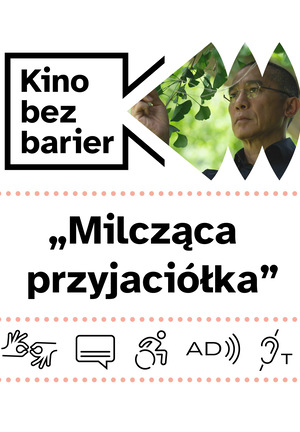 Kolorowa grafika z napisem Kino bez barier. Kolorowy kadr z filmu. Dojrzały mężczyna stoi pod drzewem i dotyka jego liści. Ikony dostępności: PJM, napisy, dostępność dla osób na wózku, audiodeskrypcja, pętla indukcyjna.