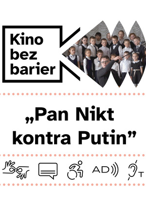 Kolorowa grafika z napisem Kino bez barier. Kolorowy kadr z filmu. Kolorowe zdjęcie. Nauczyciel z grupą uczniów w galowych strojach. Ikony dostępności: PJM, napisy, dostępność dla osób na wózku, audiodeskrypcja, pętla indukcyjna.