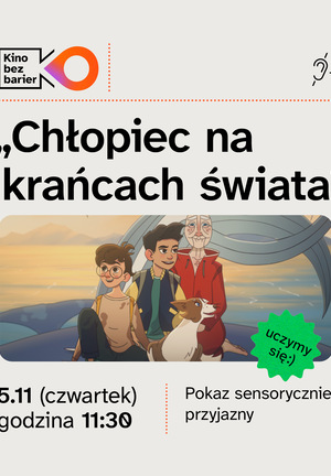 Kolorowa grafika Kina bez barier. Kolorowy kadr z filmu animowanego. Dwóch chłopców, starszy mężczyzna i pies siedzą na wielorybie. Uśmiechają się.