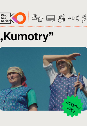 Kolorowa grafika Kina bez barier. Kolorowe zdjęcie. Dwie starsze kobiety patrzą w stronę słońca. Słońce je oślepia. Ubrane są w niebieskie fartuszki. W tle bezchmurne niebo. Nad nimi ikony: napisy, pętla indukcyjna, AD, PJM.