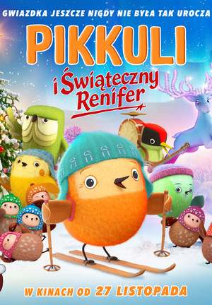 Kolorowy plakat filmu animowanego. Pomarańczowy ptaszek na nartach stoi na szczycie góry. Wokół niego inne ptaszki w zimowych strojach i świecący renifer. W tle choinka.