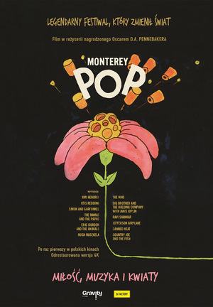 Kolorowa grafika. Na czarnym tle rysunek kwiatka, z którego wyskakują nasiona. Powyżej biały napis Monterey Pop.