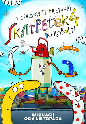Kolorowy plakat filmu animowanego. Rysunek robota w kształcie walca z czajnikiem na głowie, który wypluwa skarpetki. Dwie skarpetki patrzą na niego z oddali.