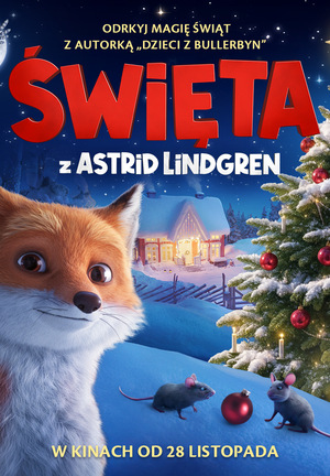 Grafika reklamowa. Animowany lisek w świątecznym otoczeniu - widać śnieg i choinkę.