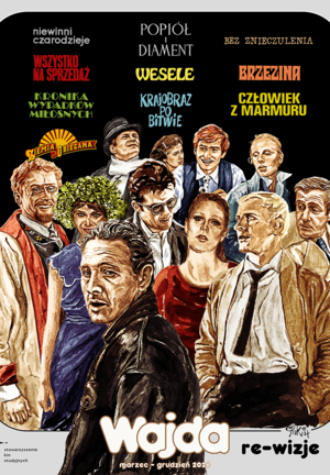 Kolaż narysowanych postaci i bohaterów filmów Andrzeja Wajdy. U góry na czarnym tle różnymi kolorami wypisano tytuły wchodzące w skład przeglądu filmowego.