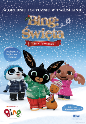 Na zimowym tle w centrum widoczne 4 postacie z bajki ubrane w ciepłe, zimowe stroje. U góry złoty tytuł filmu.