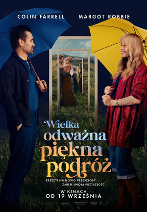 Dwójka głównych bohaterów z parasolami nad głową stoi na trawce. Za nimi lustra ułożone w rzędzie. Pomiędzy nimi niebiesko - żółty napis z tytułem filmu.