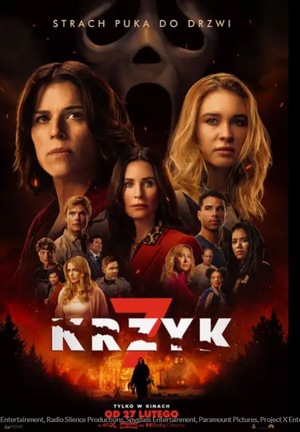 Na plakacie kilka postaci, w tle zamaskowana postać. Na dole plakatu tytuł filmu.