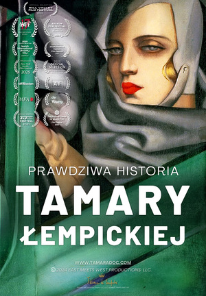Plakat filmu dokumentalnego &amp;quot;Prawdziwa historia Tamary Łempickiej&amp;quot;. Plakat przedstawia autoportret malarki w zielonym samochodzie.