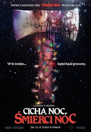 Grafika reklamowa - siekiera na czarnym tle owinięta swiatełkami