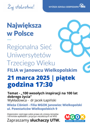 WYKŁAD DLA  UCZESTNIKÓW UNIWERSYTETU TRZECIEGO WIEKU / „100 wesołych inspiracji na 100 lat dobrego życia”  