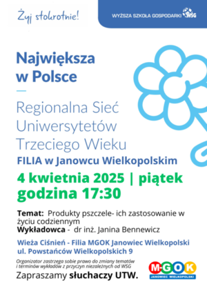 WYKŁAD DLA  UCZESTNIKÓW UNIWERSYTETU TRZECIEGO WIEKU / Produkty pszczele- ich zastosowanie w życiu codziennym 