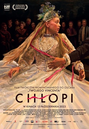 Plakat z tytułem: Chłopi. Na plakacie tańcząca panna młoda w sukni ślubnej a w tle patrzący goście weselni w ozdobnych wiejskich strojach.