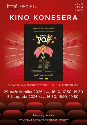 Plakat z tekstem: Miłość, Muzyka i Kwiaty - Legendarny Festiwal, Który Zmienił Świat oraz z tytułem: Monterey Pop. Tekst na czarnym tle z grafiką narysowanego kwiatka gdzie płatki są jak języki z którego wyskakują koreczki.