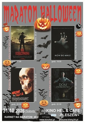 Plakat z szarym tłem zatytułowany czerwonym kolorem Maraton Halloween. Symetrycznie w dwóch rzędach na całej płaszczyźnie umieszczone są cztery mniejsze plakaty filmów maratonu. u dołu dane: data, miejsce i cena karnetu.