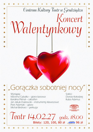 Tytuł koncert Walentynkowy Pod nim znajdują się dwa wiszące serca