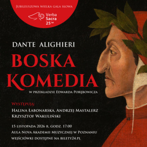 Portret Dante' go namalowany przez Sandro Botticellego. Poeta ujęty z profilu, zapatrzony w dal, ubrany w czerwony płaszcz z wieńcem laurowym na głowie.