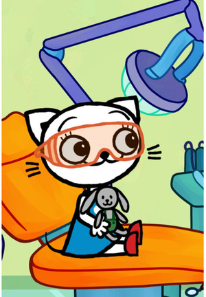 Rysunkowa postać kotka na fotelu dentystycznym.