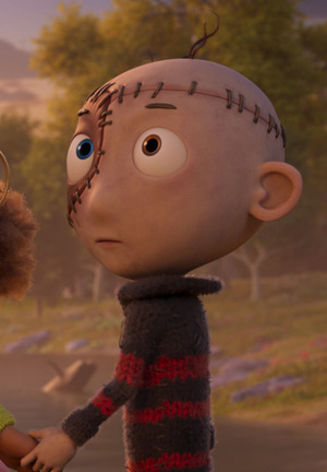 Rysunkowa postać chłopca z poszytą twarzą.