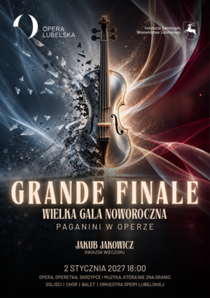 Grafika przedstawiająca skrzypce na czerwono-niebieskim tle