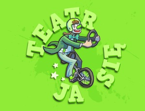 Na zielonym tle, klaun ubrany na zielono jedzie na jednokołowym rowerku. Dookoła niego napis &amp;amp;amp;amp;amp;amp;amp;amp;amp;quot;Teatr Ja Się&amp;amp;amp;amp;amp;amp;amp;amp;amp;quot;