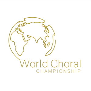 Rysunek globu zaznaczonymi złotymi konturami Afryki i Azji z napisem World Choral Championship
