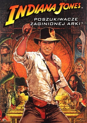 Plakat filmu „Indiana Jones: Poszukiwacze zaginionej arki”. Na pierwszym planie uśmiechnięty Indiana Jones w kapeluszu unosi bicz. W tle sceny przygody, postacie bohaterów i złota Arka Przymierza, całość w ciepłej, przygodowej kolorystyce.