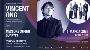 Po prawej stronie grupa muzyków z instrumentami oraz mężczyzna w garniturze i okularach. Po lewej jasne napisy informujące o wydarzeniu. Grafika w odcieniach fioletu i czerwieni.