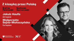 Po lewej czarno-białe portrety uśmiechniętej kobiety i mężczyzny, po prawej napisy informujące o wydarzeniu na czerwonym tle.