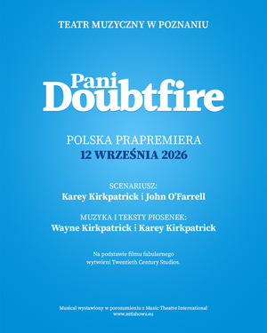 Jasnoniebieskie tło, centralnie białe napisy - tytuł i informacje o spektaklu.