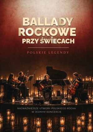 Grafika reklamowa - muzycy na oświetlonej świecami scenie.