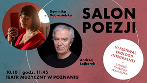 Grafika reklamowa: portret kobiety i mężczyzny na zielono-różowym tle, czarne napisy informujące o wydarzeniu.