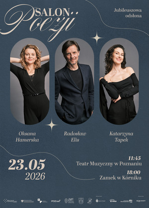 Ciemnoniebieskie tło imitujące papier, centralnie w rzędzie portrety uśmiechniętych dwóch kobiet i mężczyzny, jasne napisy informujące o wydarzeniu.