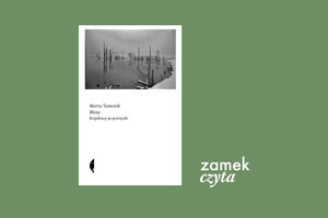 Na zielonym tle biała okładka książki z czarno- białym zdjęciem u góry. A na nim zimowy krajobraz. Zaśnieżone, zalane pole w oddali kikuty drzew. Pod zdjęciem napis Marta Tomczok, Blizny, Krajobraz po przemyśle. Obok okładki logo zamek czyta