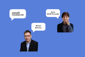 Na niebieskim tle zdjęcia dwóch postaci. To goście spotkania: Michał Bilewicz i Anna Wolff-Powęska. W białych dymkach zostały zapisane ich imiona i nazwiska oraz nazwa cyklu „zamek rozmawia”.