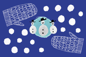 Na granatowym tle w centralnej części błękitne koło z rysunkiem trzech bałwanów. Jeden większy i dwa mniejsze. Dookoła białe kulki różnej wielkości. W lewym górnym oraz prawym dolnym narożniku rysunek jednopalczastej rękawicy.