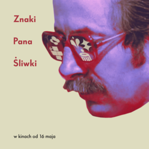 Kolorowy plakat. Żółte tło, zbliżenie na twarz mężczyzny w okularach przeciwsłonecznych. twarz jest zabarwiona na fioletwo.