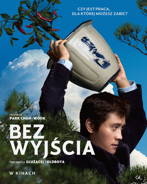 Kolorowy plakat. Mężczyzna w marynarce unosi nad głową doniczkę, którą zaraz ciśnie o ziemię. W tle niebo.